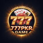 777PKR Game premium casino logo with golden 777 numbers, poker cards, and glowing dark background high quality design