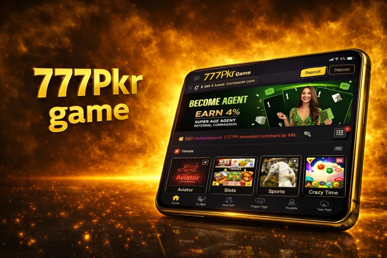 777PKR Game mobile app display with gold theme, casino games interface and high quality glowing background design