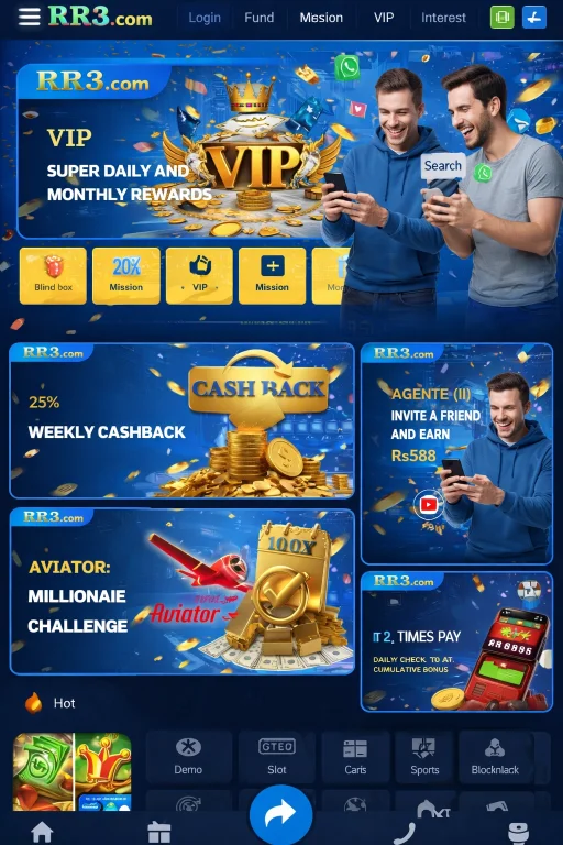 RR3 Game online earning platform dashboard showing VIP rewards, cashback offers, daily bonuses, and multiple game sections on a mobile app interface with blue theme design.