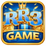 RR3 Game logo featuring 3D golden and blue text with crown design, coins background, and premium gaming style icon representing online earning and reward system.