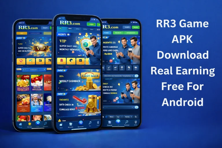 RR3 Game APK download advertisement featuring multiple smartphones displaying earning app interface, referral rewards, and real cash earning features with blue gradient background.