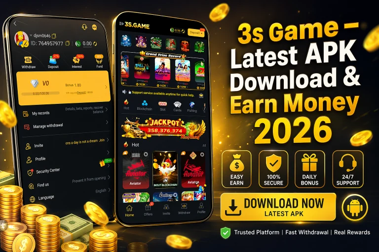 3s Game APK home screen with jackpot, Aviator game, slots and earn money options 2026