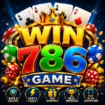 WIN786 Game logo high quality image with cards, coins, crown and casino theme for APK download and real earning app in Pakistan