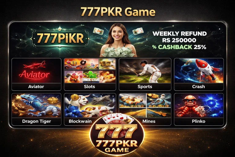 777PKR Game interface showing Aviator, Slots, Sports, Crash and other casino games on dark background high quality UI design