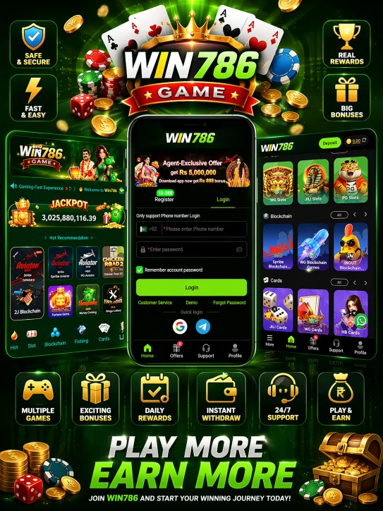 WIN786 Game APK download app interface high quality dark green promotional banner for Pakistan users